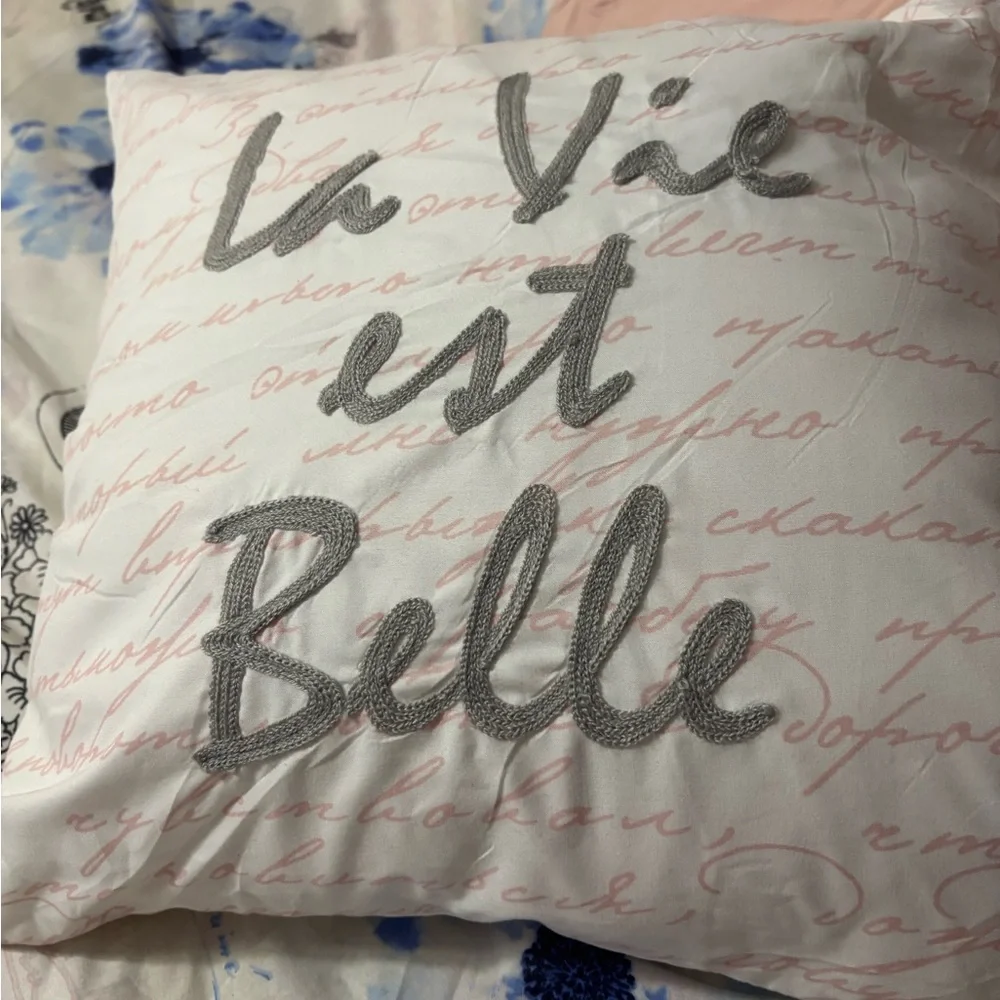 King size comforter with Paris details in pink and blue.